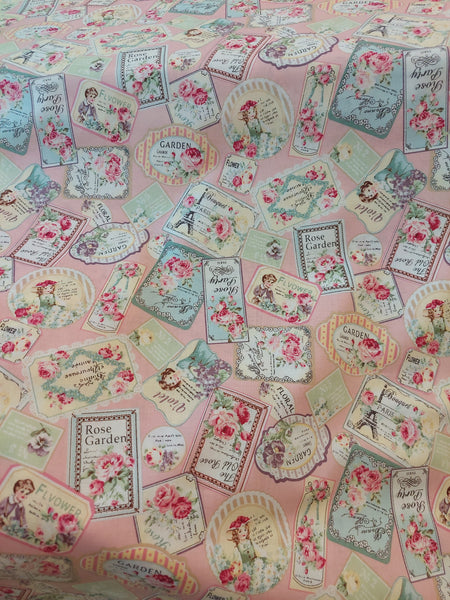 Rose Garden RU2410-13B Rose Labels on Pink by Quilt Gate Ru2410 -13B