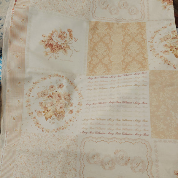 Classic Rose cotton fabric by Quilt Gate MR2020-18D Floral Panel 8 x 8 squares Colors are dusty pink, taupes and beige