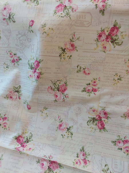RuRu Bouquet cotton fabric by Quilt Gate Ru2420-12A Pink Roses and French Script on Cream