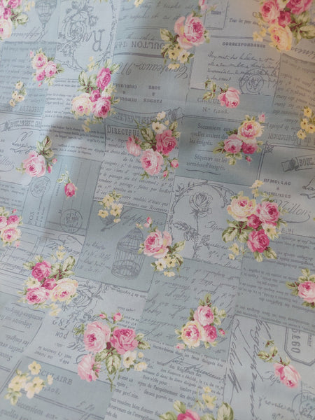 RuRu Bouquet cotton fabric by Quilt Gate Ru2420-12B Pink Roses and French Script on Blue