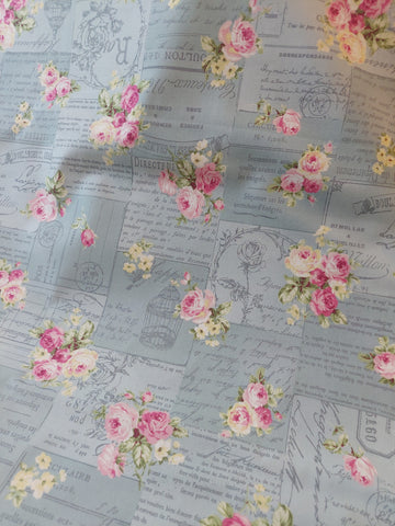 RuRu Bouquet cotton fabric by Quilt Gate Ru2420-12B Pink Roses and French Script on Blue
