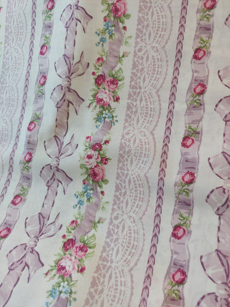 RuRu Bouquet cotton fabric by Quilt Gate Ru2420-13D Purple Ribbons and  Roses on cream