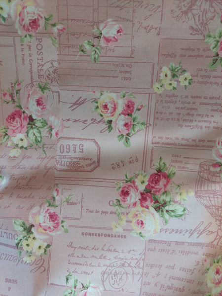 RuRu Bouquet cotton fabric by Quilt Gate Ru2420-12B Pink Roses and French Script on Pink