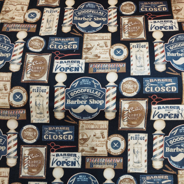 Haircut and Shave Barber Shop cotton fabric by Benartex 10130-12 Black