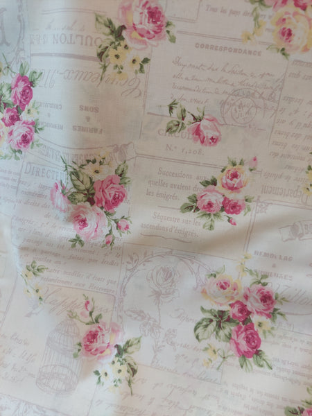 RuRu Bouquet cotton fabric by Quilt Gate Ru2420-12A Pink Roses and French Script on Cream