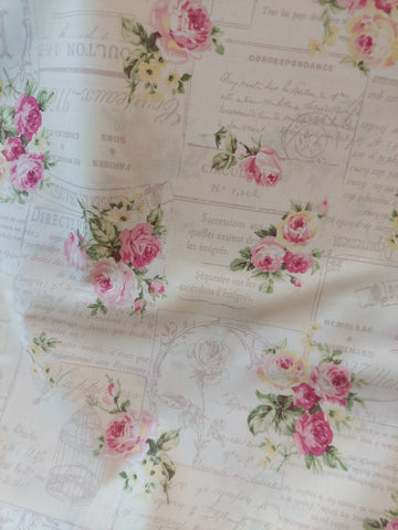 RuRu Bouquet cotton fabric by Quilt Gate Ru2420-12A Pink Roses and French Script on Cream