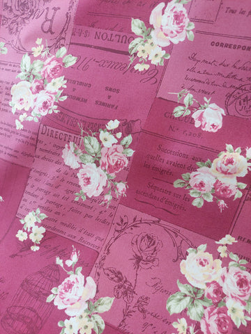 RuRu Bouquet cotton fabric by Quilt Gate Ru2420-12E Pink Roses and French Script on Dark Pink