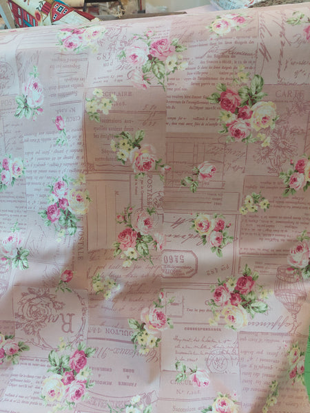 RuRu Bouquet cotton fabric by Quilt Gate Ru2420-12B Pink Roses and French Script on Pink