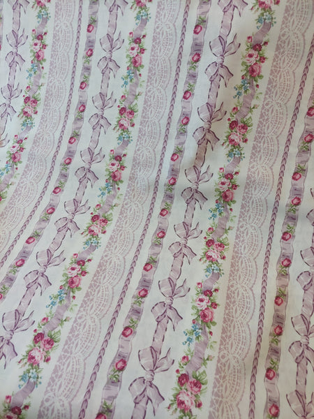 RuRu Bouquet cotton fabric by Quilt Gate Ru2420-13D Purple Ribbons and  Roses on cream