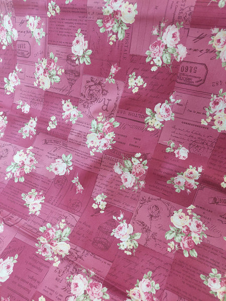 RuRu Bouquet cotton fabric by Quilt Gate Ru2420-12E Pink Roses and French Script on Dark Pink
