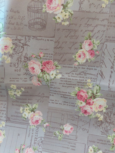 RuRu Bouquet cotton fabric by Quilt Gate Ru2420-12D Pink Roses and French Script on Gray/Lavender