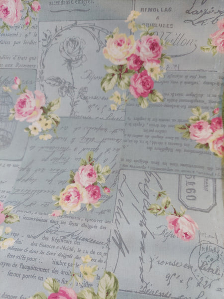 RuRu Bouquet cotton fabric by Quilt Gate Ru2420-12B Pink Roses and French Script on Blue