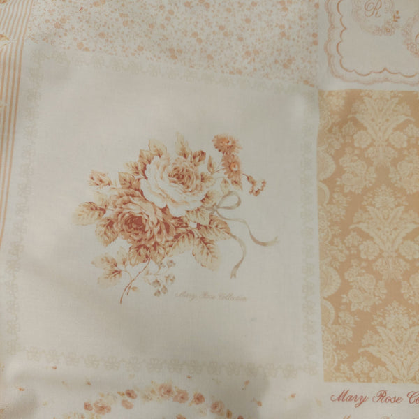 Classic Rose cotton fabric by Quilt Gate MR2020-18D Floral Panel 8 x 8 squares Colors are dusty pink, taupes and beige