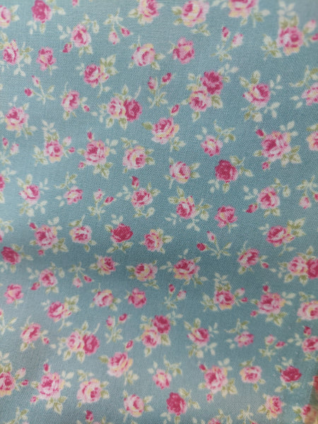 RuRu Bouquet cotton fabric by Quilt Gate Ru2420-14C Small Pink Roses on Blue