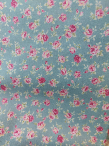 RuRu Bouquet cotton fabric by Quilt Gate Ru2420-14C Small Pink Roses on Blue