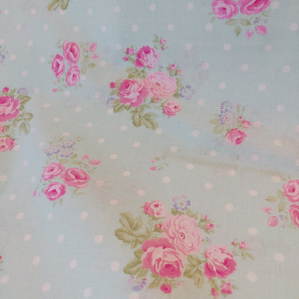Savannah Bed Breakfeast by Fabric Traditions  Cotton Fabric Roses on pale aqua 12142