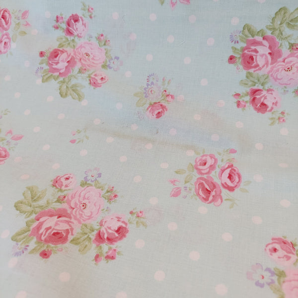 Savannah Bed Breakfeast by Fabric Traditions  Cotton Fabric Roses on pale aqua 12142