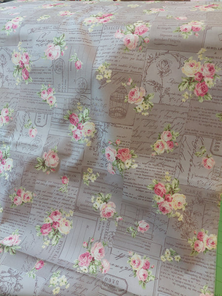 RuRu Bouquet cotton fabric by Quilt Gate Ru2420-12D Pink Roses and French Script on Gray/Lavender