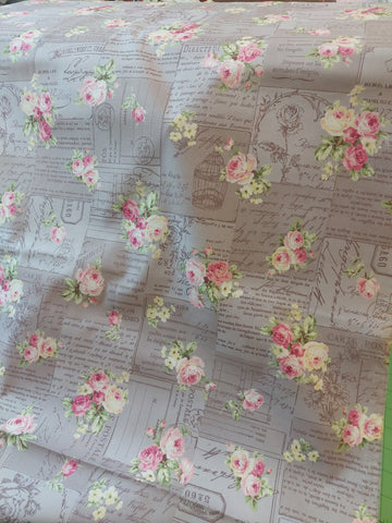 RuRu Bouquet cotton fabric by Quilt Gate Ru2420-12D Pink Roses and French Script on Gray/Lavender
