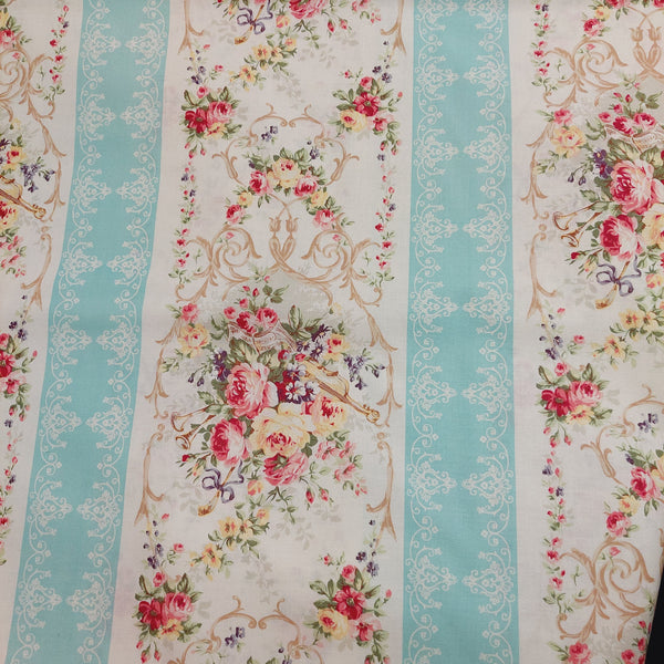 Rose Garden RU2410-12C Floral with Blue Stripe Quilt Gate