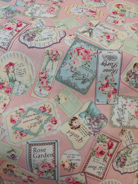 Rose Garden RU2410-13B Rose Labels on Pink by Quilt Gate Ru2410 -13B