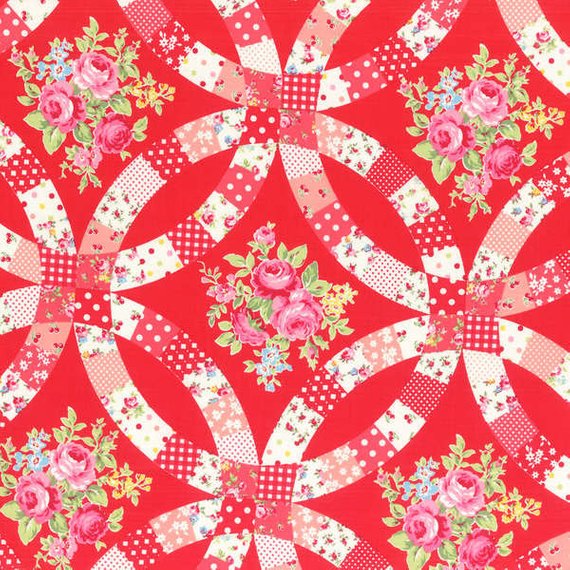Flower Sugar cotton fabric by Lecien 31025-33 Double Wedding Ring Red