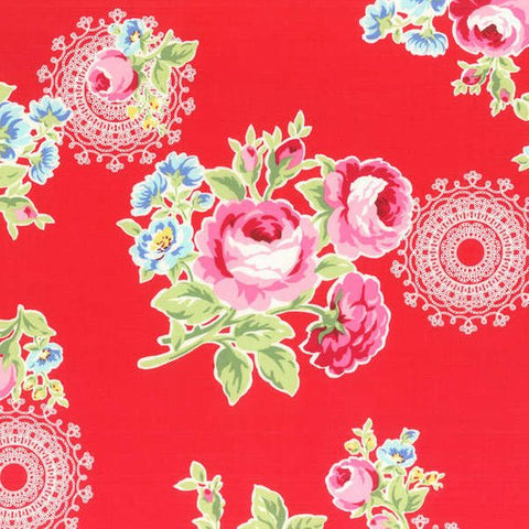 Flower Sugar cotton fabric by Lecien 31026-30 Roses and Doily on Red