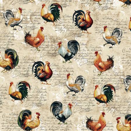 Cream Roosters Farmer's Market  Cotton Fabric by Studio E 4454-44