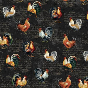 Black Roosters Farmer's Market  Cotton Fabric by Studio E 4454-99