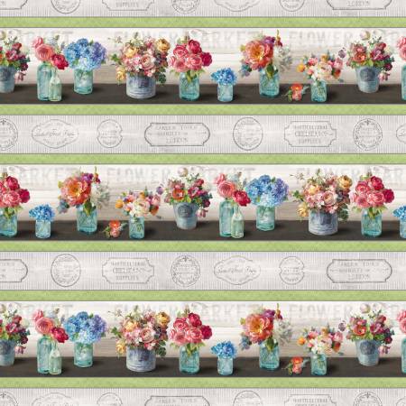 Flower Market by Danhui Nai  Cotton Fabric  89207-973 Repeating Stripe Bouquets of Flowers