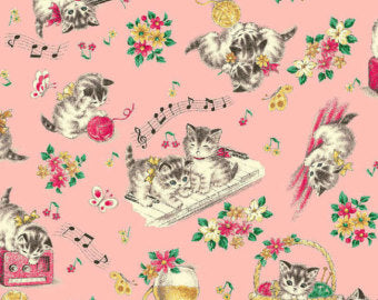 Little World cotton fabric by Quilt Gate LW1904-12B Kittens on Pale Pink