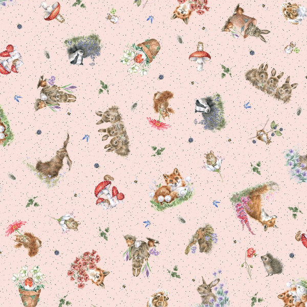 Bramble Patch Cotton Fabric by Maywood Studios 10103-P Tossed Animals Pink