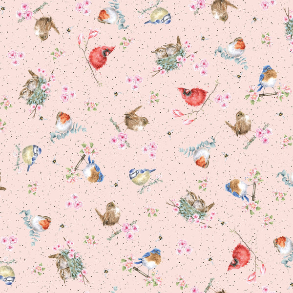 Bramble Patch Cotton Fabric by Maywood Studios 10104-P Bird Toss Pink