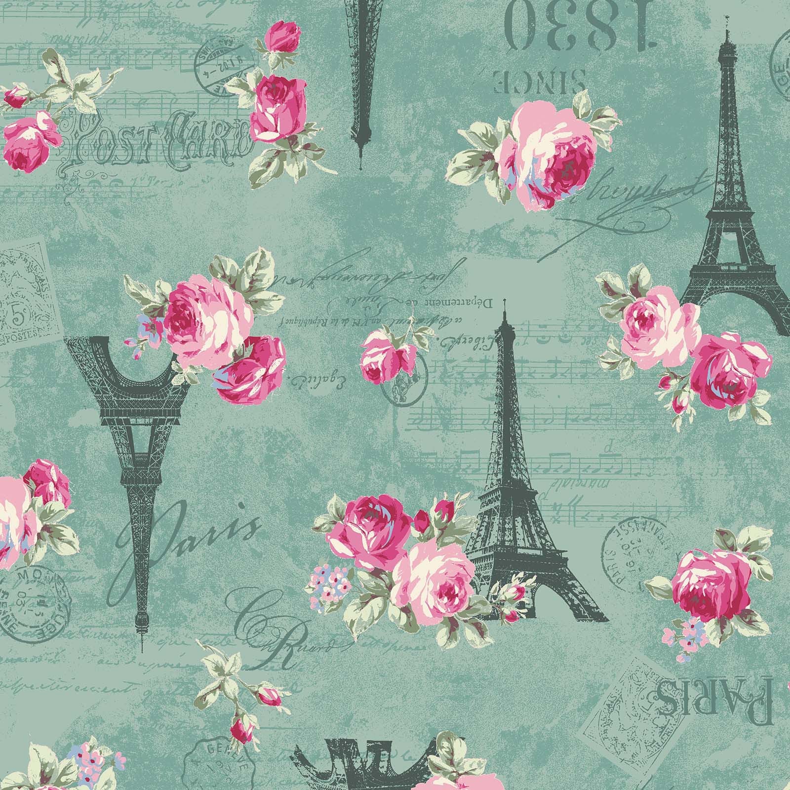 Ruru Rose Bouquet in Paris cotton fabric by Quilt Gate Ru2370-12D Eiffel Tower Roses on Green