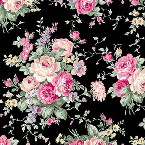 Rose Garden RU2410-11E Large bouquet on black by Quilt Gate