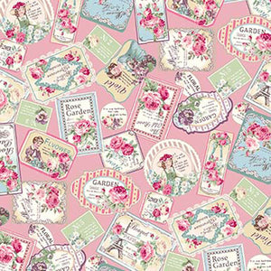 Rose Garden RU2410-13B Vintage Labels on Pink by Quilt Gate
