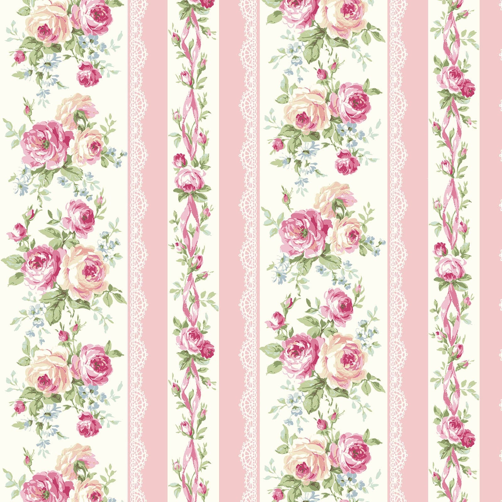 Rose Waltz RuRu Bouquet cotton fabric by Quilt Gate Ru2450-12B Roses and Ribbons on Pink