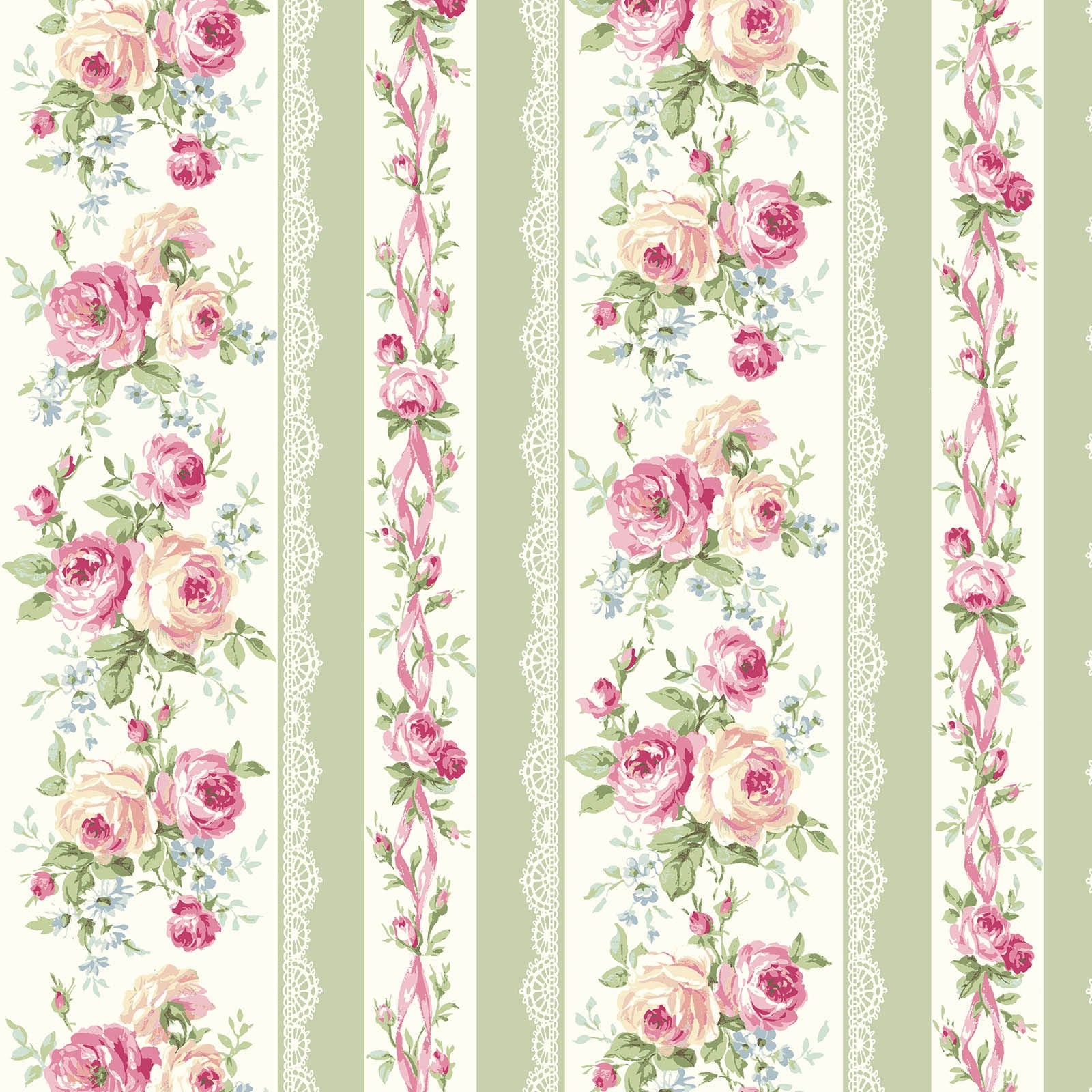 Rose Waltz RuRu Bouquet cotton fabric by Quilt Gate Ru2450-12C Roses and Ribbons on Green