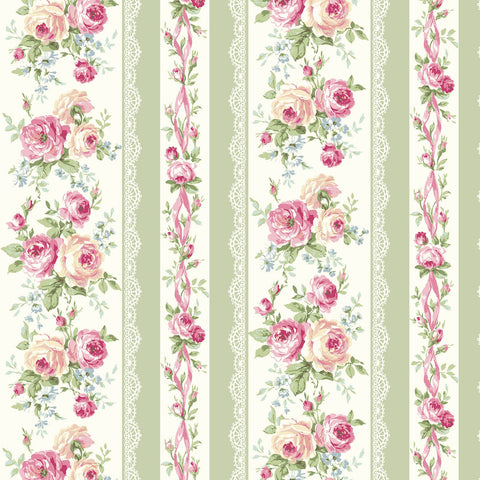 Rose Waltz RuRu Bouquet cotton fabric by Quilt Gate Ru2450-12C Roses and Ribbons on Green
