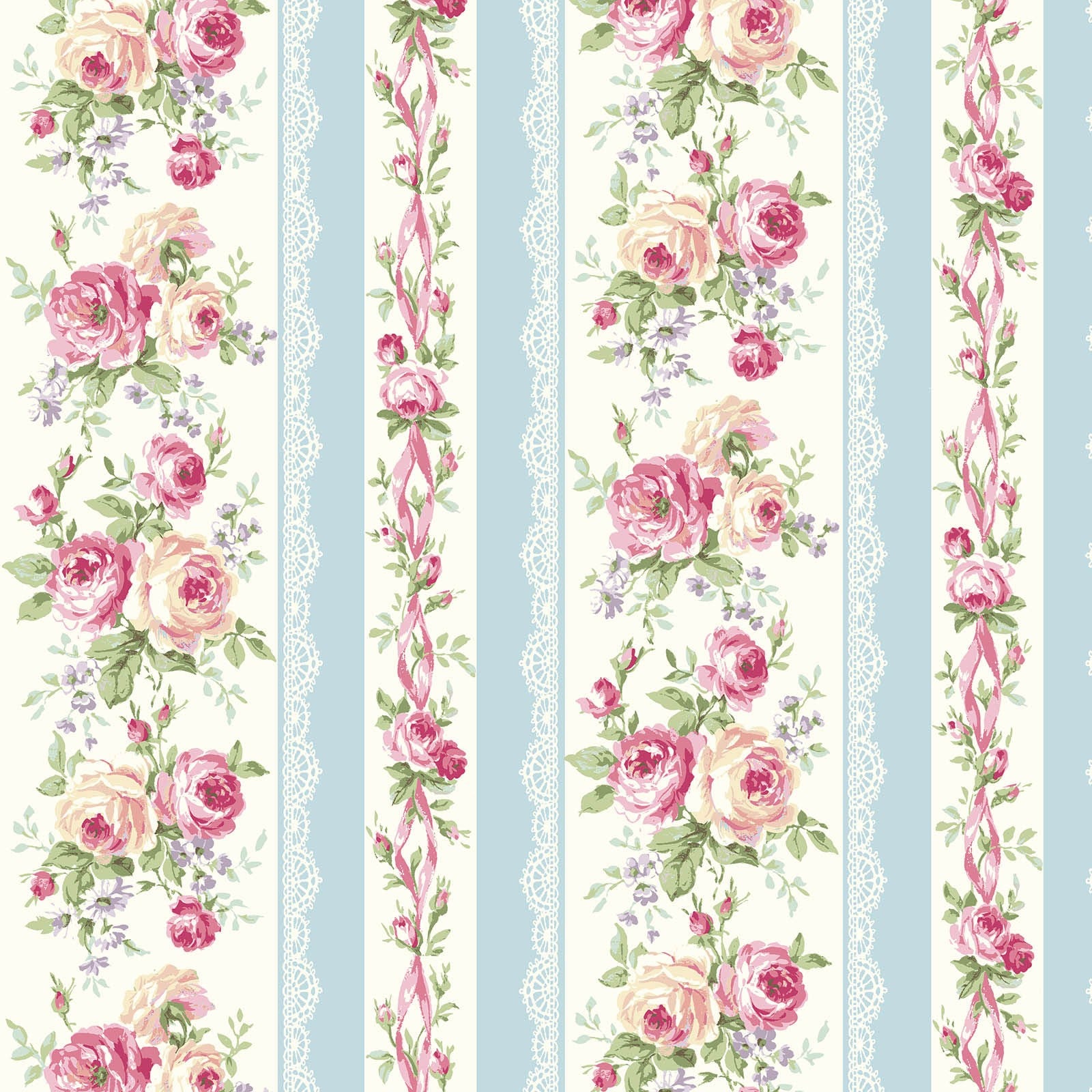 Rose Waltz RuRu Bouquet cotton fabric by Quilt Gate Ru2450-12D Roses and Ribbons on Blue