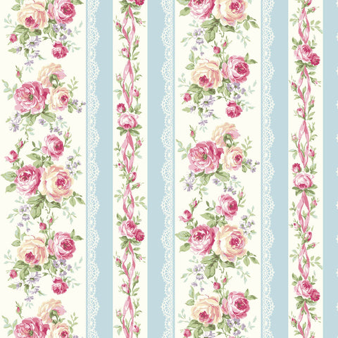 Rose Waltz RuRu Bouquet cotton fabric by Quilt Gate Ru2450-12D Roses and Ribbons on Blue