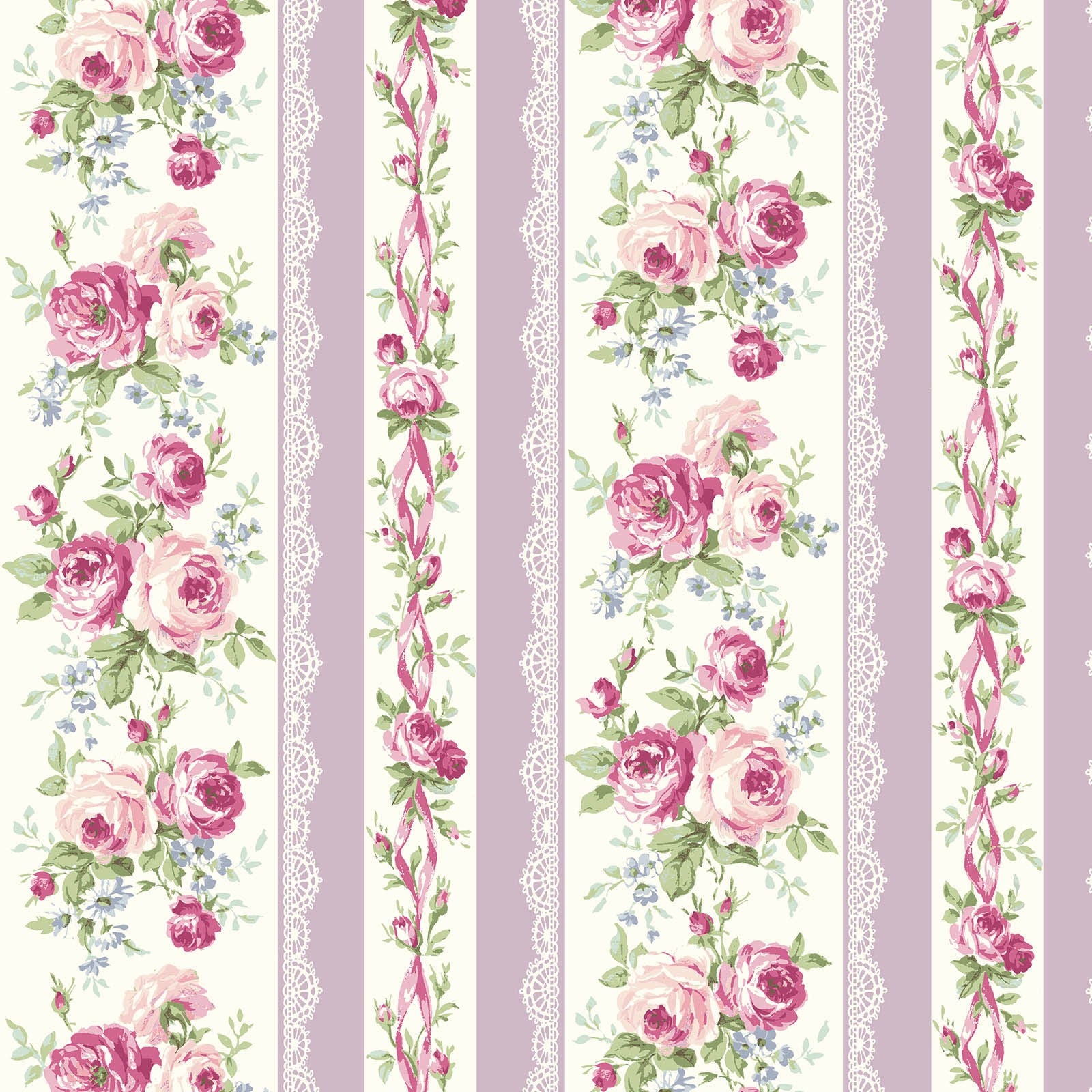 Rose Waltz RuRu Bouquet cotton fabric by Quilt Gate Ru2450-12E Roses and Ribbons on Purple