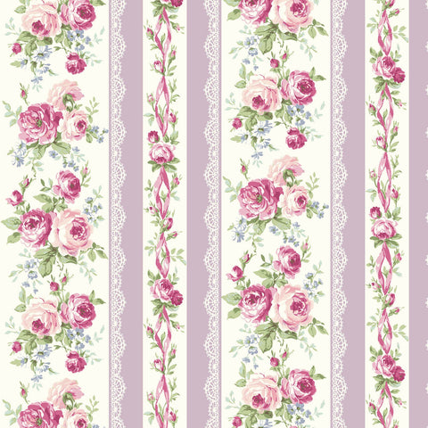 Rose Waltz RuRu Bouquet cotton fabric by Quilt Gate Ru2450-12E Roses and Ribbons on Purple
