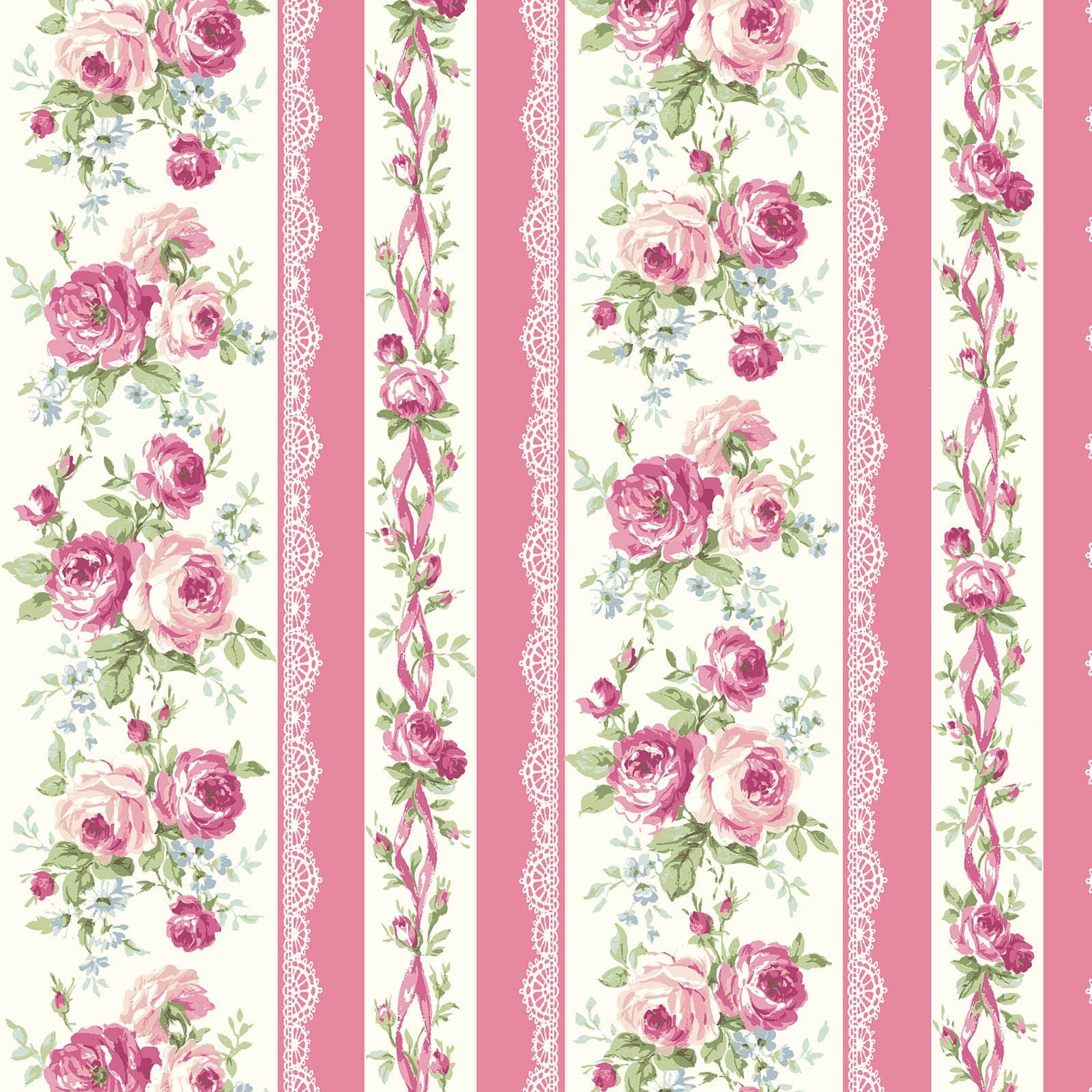 Rose Waltz RuRu Bouquet cotton fabric by Quilt Gate Ru2450-12F Roses and Ribbons on Dark Pink