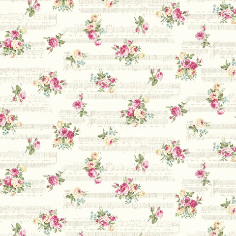 Rose Waltz RuRu Bouquet cotton fabric by Quilt Gate Ru2450-14A Roses and Music on Cream