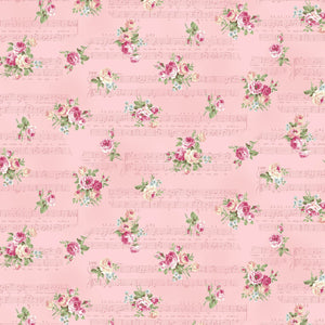 Rose Waltz RuRu Bouquet cotton fabric by Quilt Gate Ru2450-14B Roses and Music on Pink