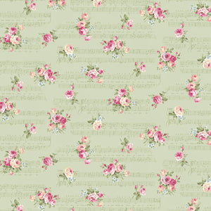 Rose Waltz RuRu Bouquet cotton fabric by Quilt Gate Ru2450-14C Roses and Music on Green