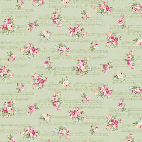 Rose Waltz RuRu Bouquet cotton fabric by Quilt Gate Ru2450-14C Roses and Music on Green