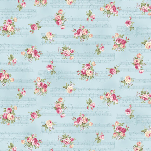 Rose Waltz RuRu Bouquet cotton fabric by Quilt Gate Ru2450-14D Roses and Music on Blue