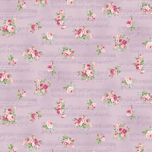 Rose Waltz RuRu Bouquet cotton fabric by Quilt Gate Ru2450-14E Roses and Music on Purple